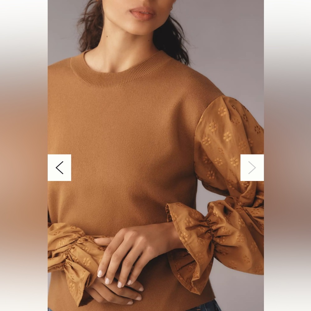 New Anthropologie Puff Sleeve Knit Floral Daisy Brown Tan Caramel Sweater Top S - Picture 4 of 7